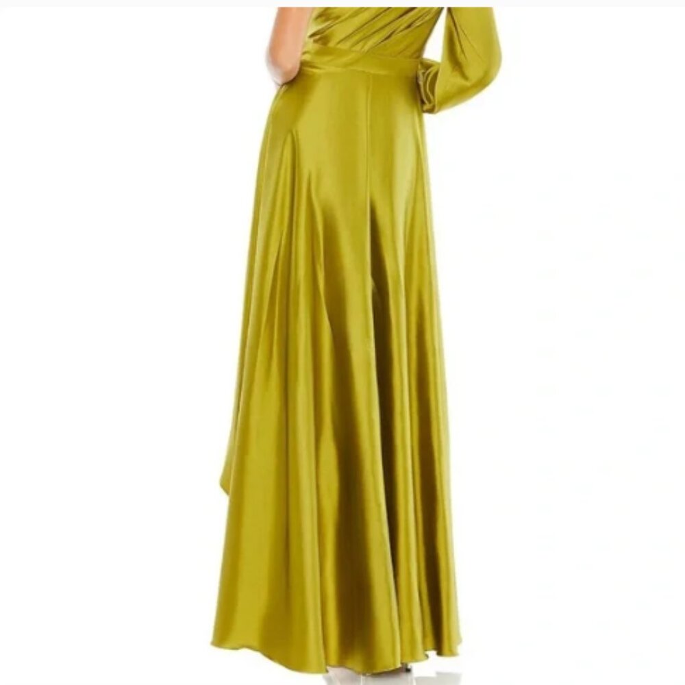 Ieena for Mac Duggal One Shoulder A-Line Long Sleeve High Chartreuse Satin Dress - Picture 2 of 15